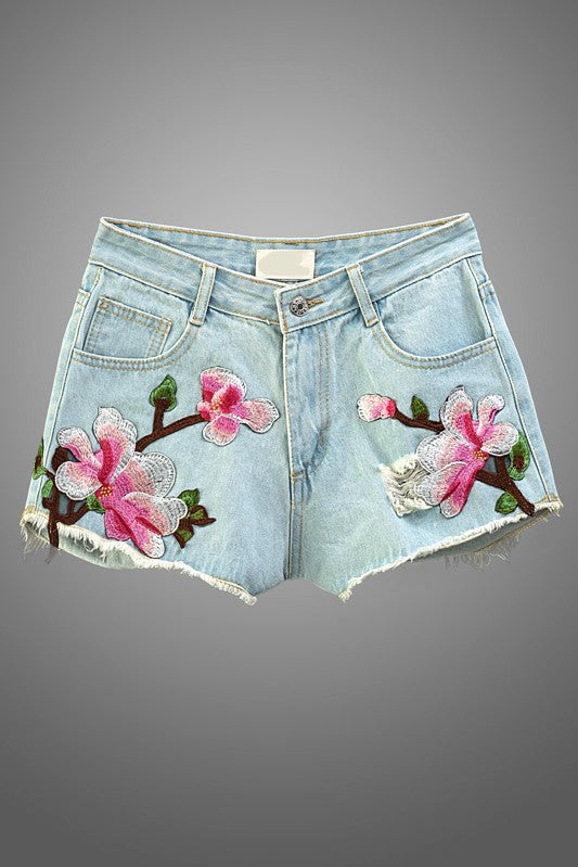 Summer Embroidered Light Denim Short With Orchideas