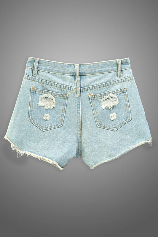 Summer Embroidered Light Denim Short With Orchideas