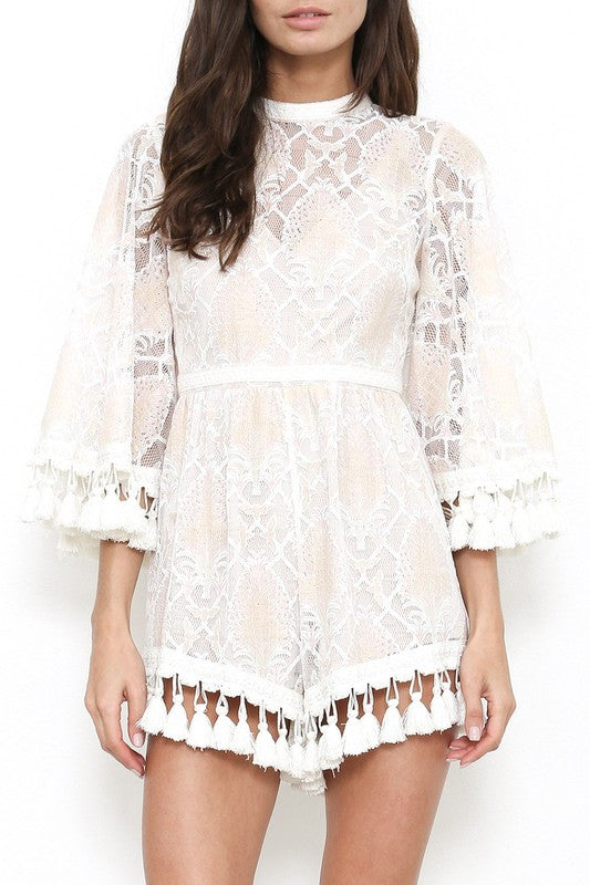 Elegant White Tassel Lace Romper