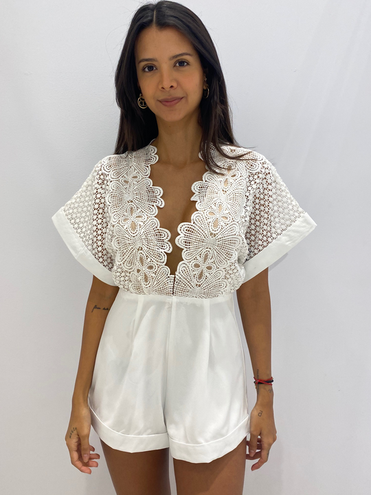 Fashion White Lace Crochet Romper Deep V-Neck with Band Sleeve Detailed