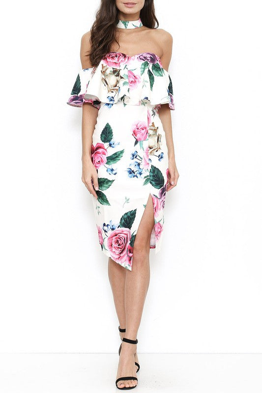 Elegant Choker Floral Watercolor Off Shoulder Dress