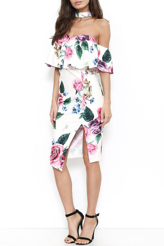 Elegant Choker Floral Watercolor Off Shoulder Dress