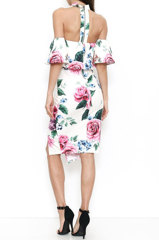 Elegant Choker Floral Watercolor Off Shoulder Dress