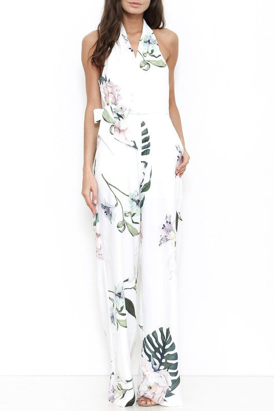 Elegant Flower Print Halter Jumpsuit