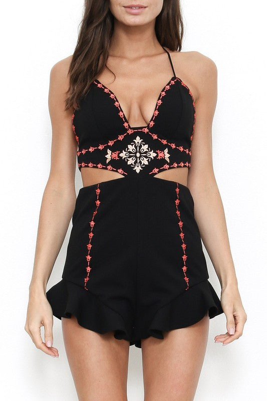 Elegant Embroidered Black And Red Romper