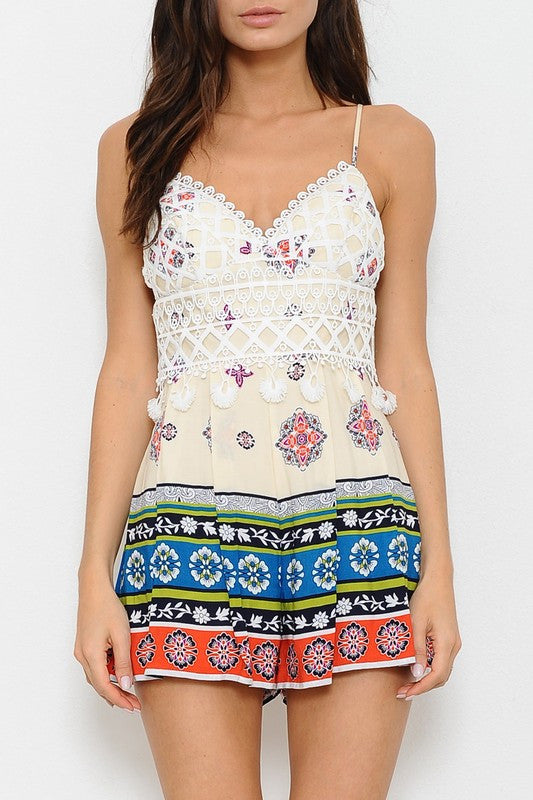 Fashion Mix Pattern Pompom Romper