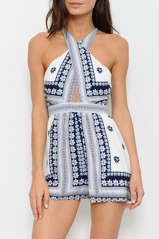 Summer Floral Pattern Cross Navy Romper