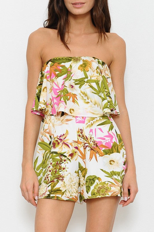 Tropical Print Ruffle Strapless Summer Romper
