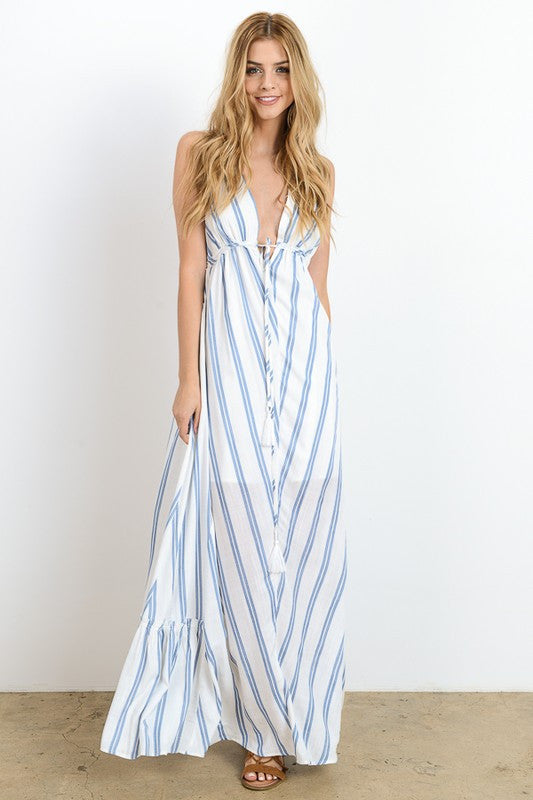 Summer Marine Blue Striped V-Neck Maxi Dress
