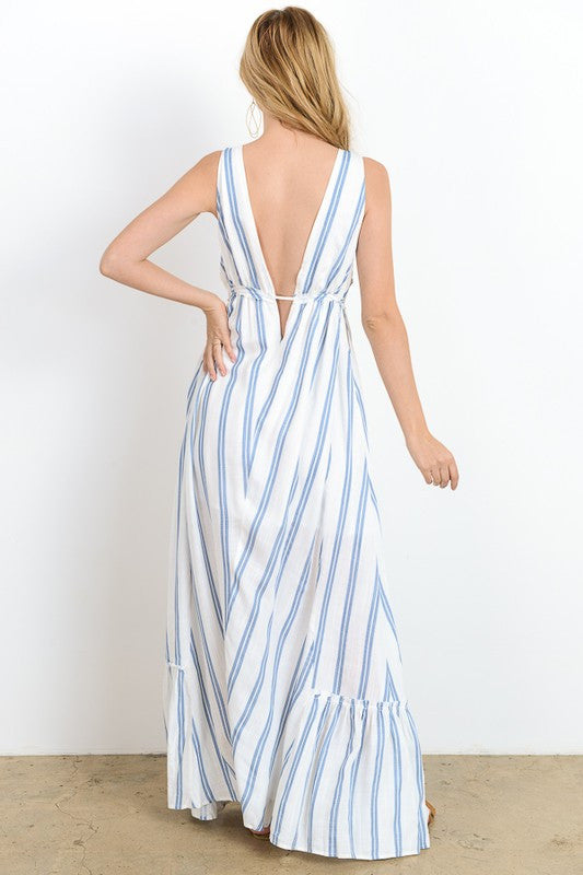 Summer Marine Blue Striped V-Neck Maxi Dress