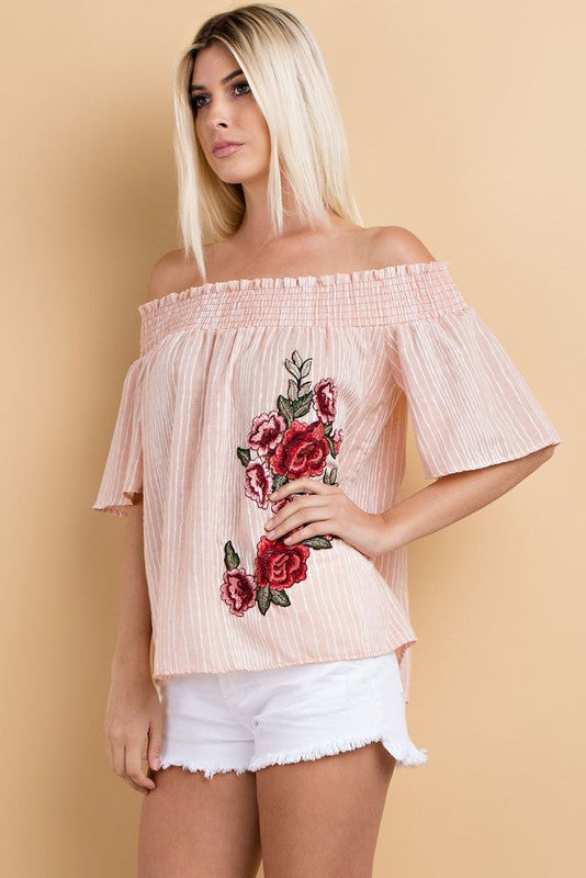Summer Off Shoulder Embroidered Roses Pink Top
