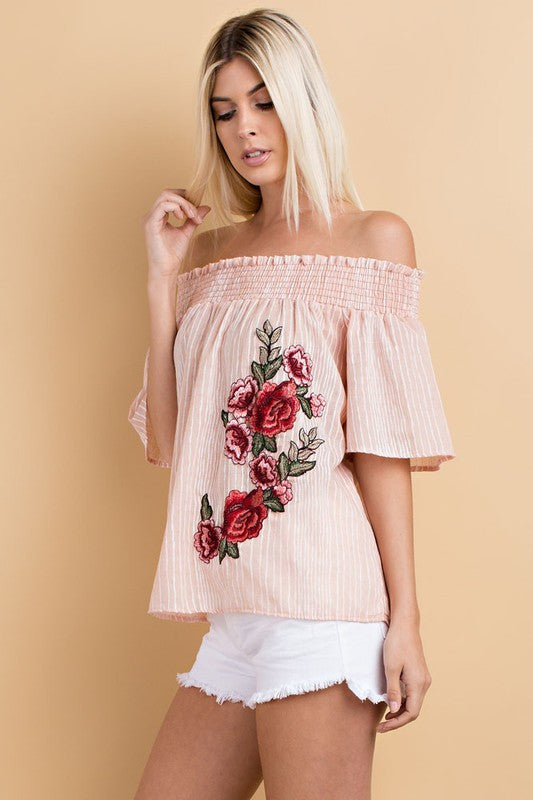 Summer Off Shoulder Embroidered Roses Pink Top