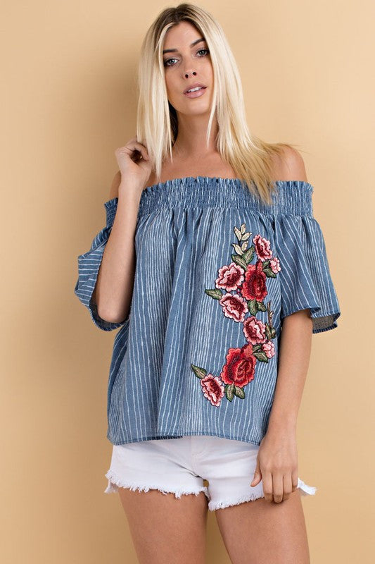 Summer Off Shoulder Embroidered Roses Blue Top