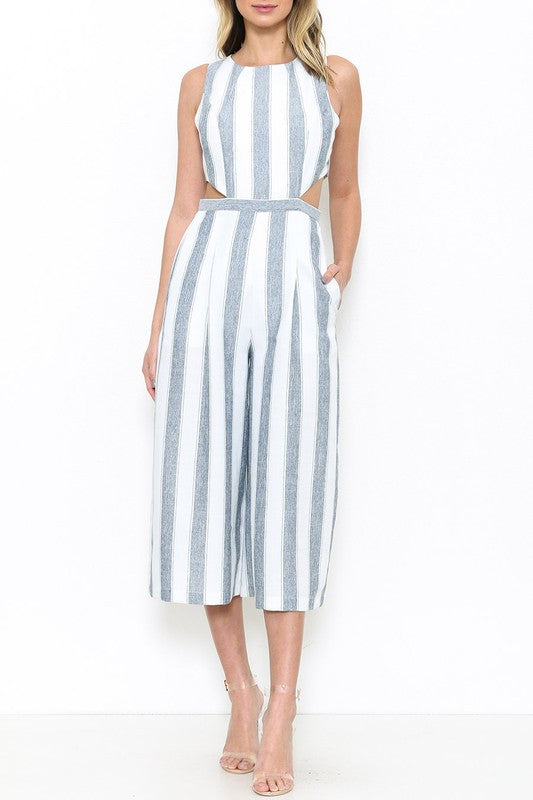 Elegant Marine Striped Cut Out Maxi Romper