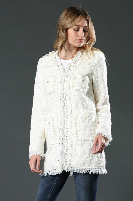 Fashion White Textured White Pearl Detail Jacket