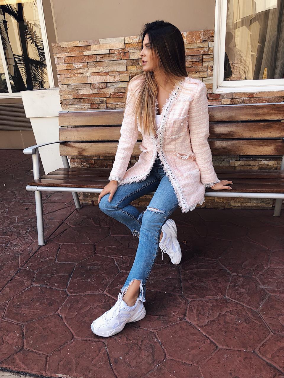 Fashion Pink Textured White Pearl Detail Jacket