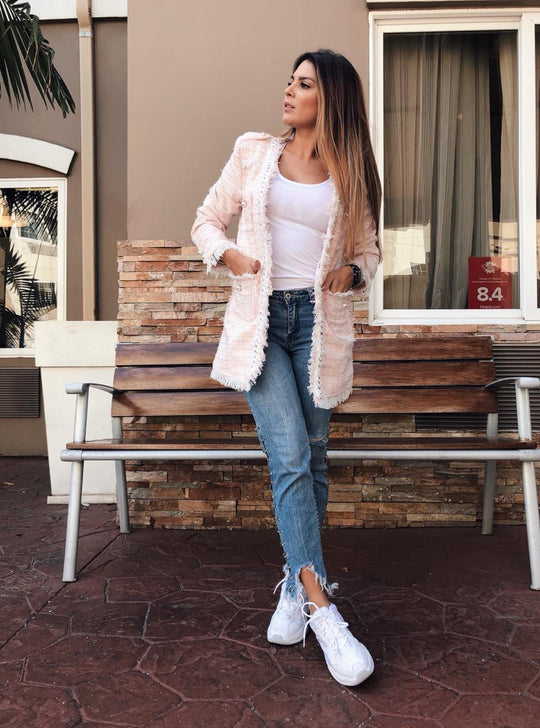 Fashion Pink Textured White Pearl Detail Jacket