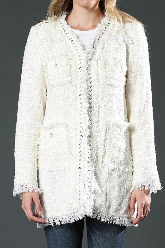 Fashion White Textured White Pearl Detail Jacket