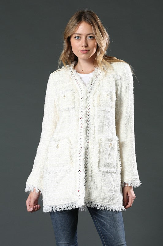 Fashion White Textured White Pearl Detail Jacket