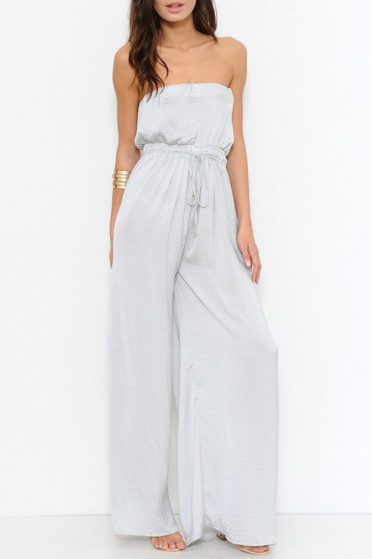 Elegant Strapless Wide Leg Satin Silver Maxi Romper