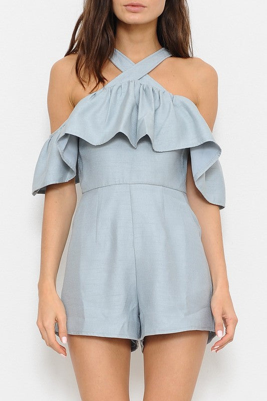 Elegant Off Shoulder Crossed Ruffle Grey Romper