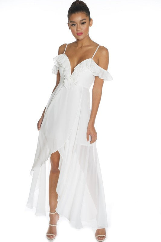 Summer V Neck Ruffle White Maxi Dress