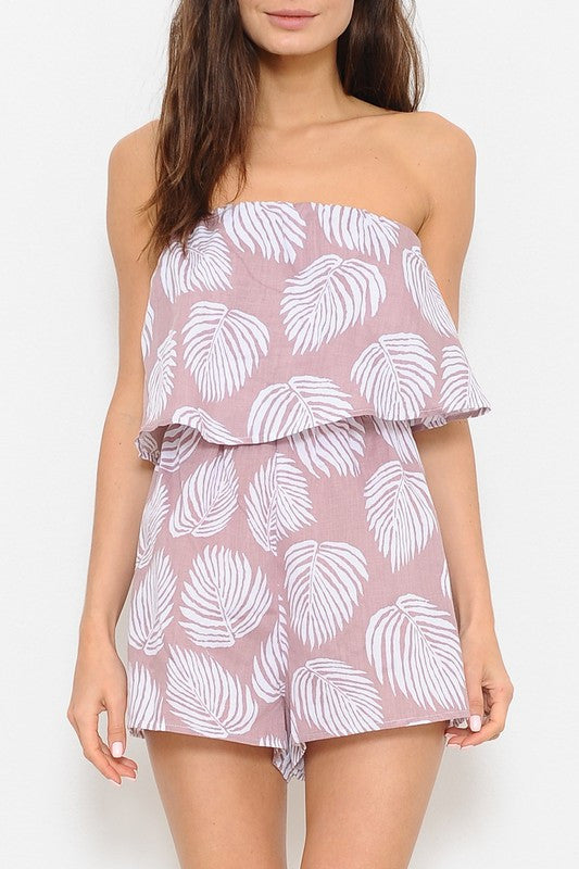Summer Leaf Print Ruffle Strapless Pink Romper