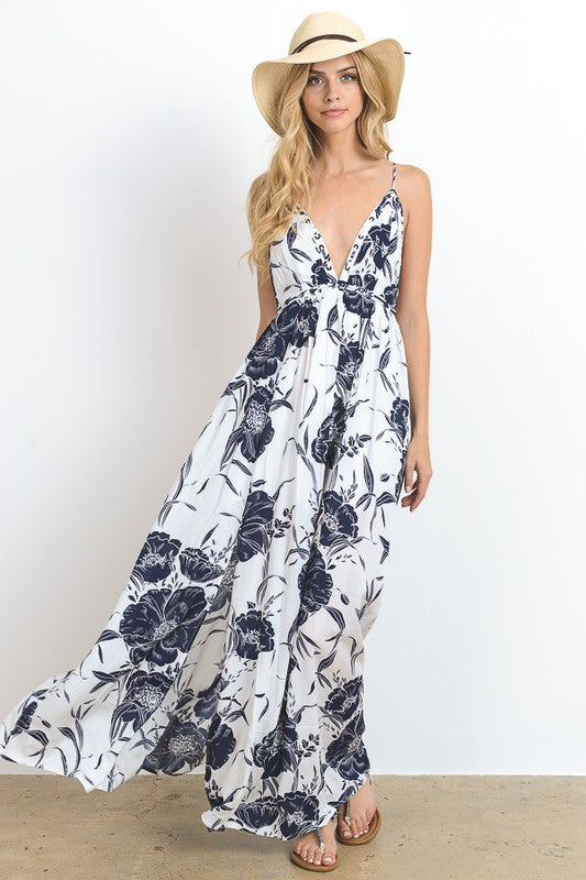 Summer Navy White Floral Print V Neck Maxi Dress