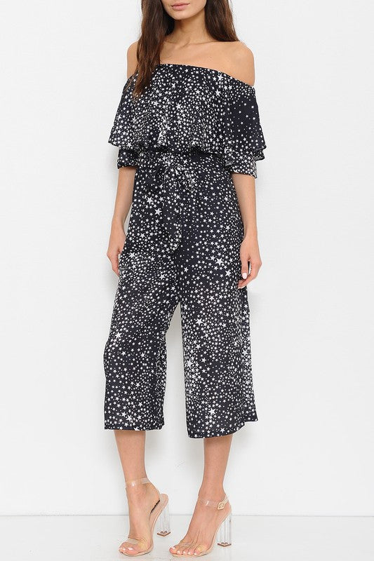 Fashion Off Shoulder Contrast Stars Jumpsuit