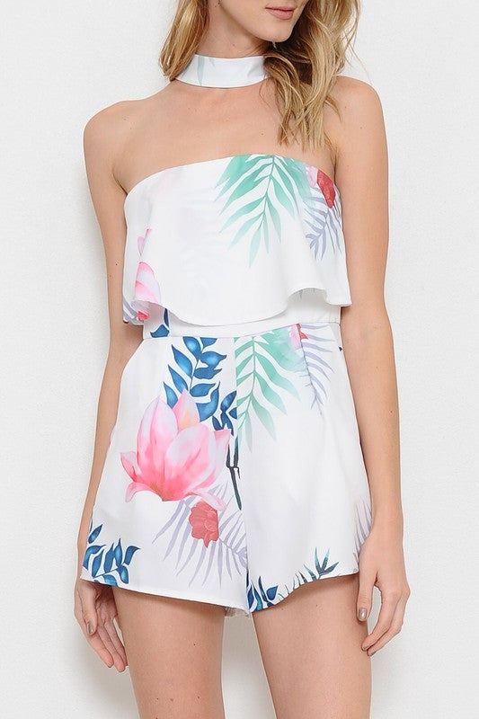 Fashion Ruffle Strapless Multi Color Leaf Print Romper