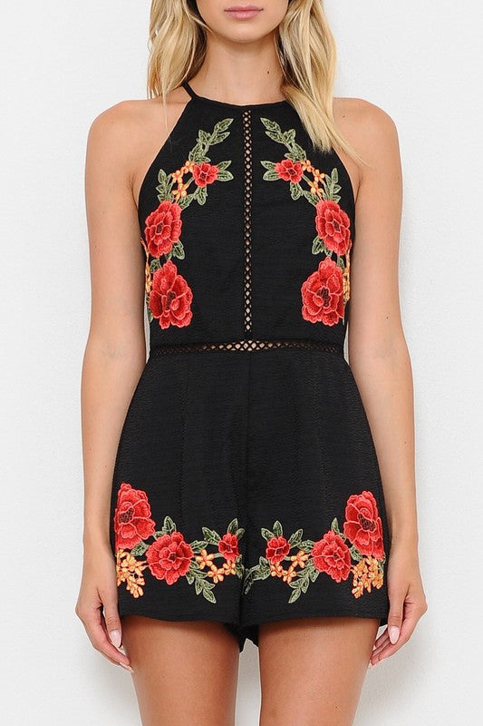 Summer Rose Embroidery Black Romper