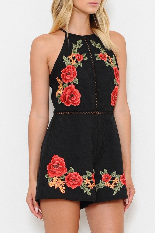 Summer Rose Embroidery Black Romper