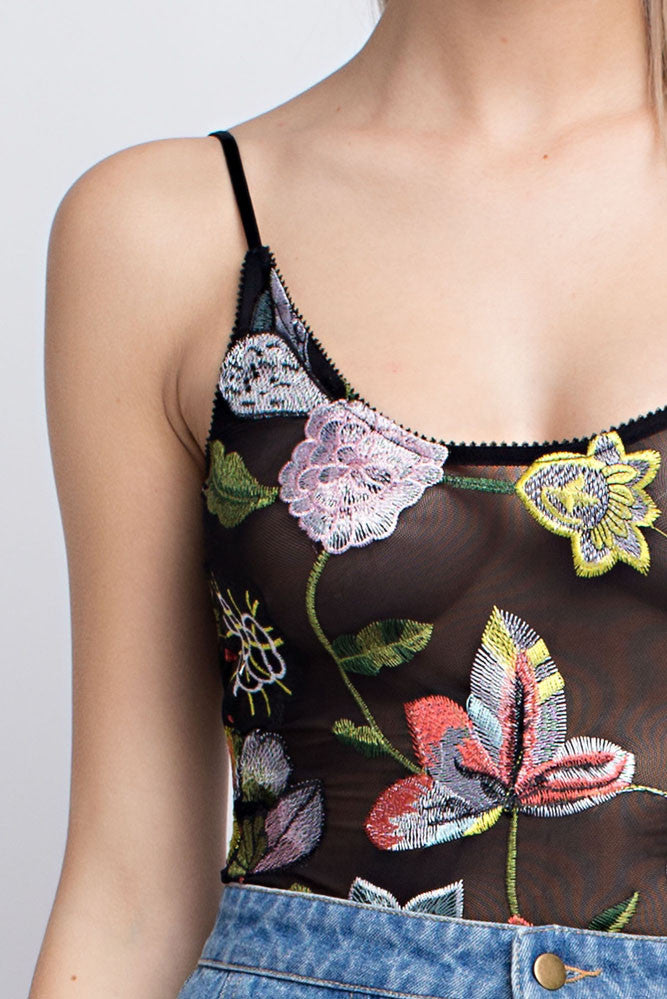 Fashion Floral Embroidery Black Mesh Bodysuit