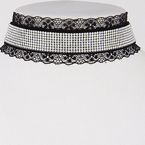 Elegant Choker Black Necklace With Lace And Rhinestones
