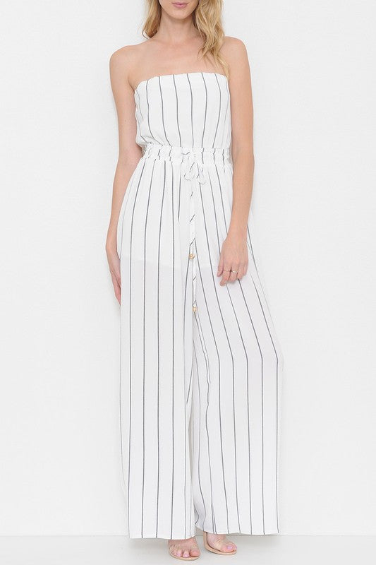 Summer Strapless Wide Leg White Contrast Maxi Romper