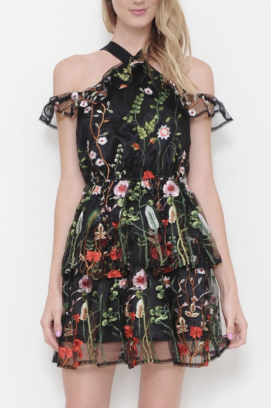 Summer Embroidery Floral Black Off Shoulder Dress