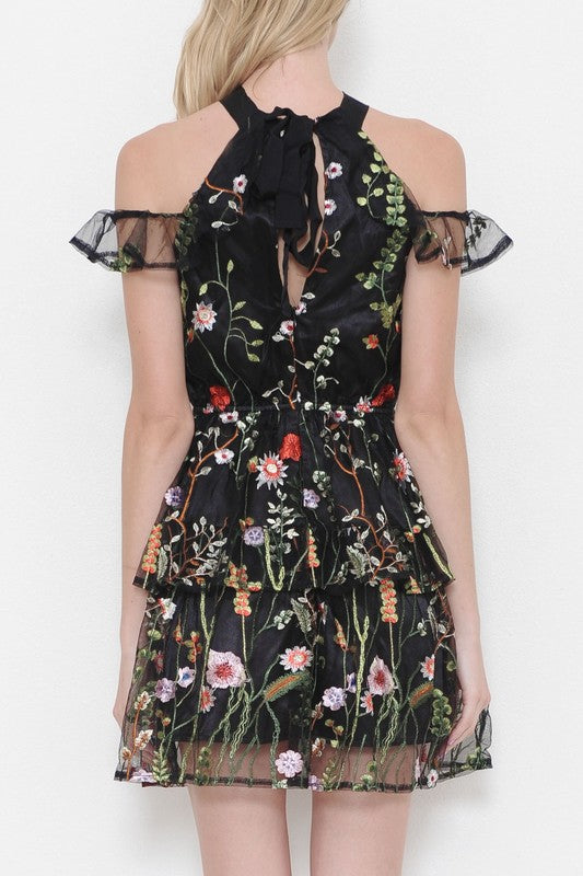 Summer Embroidery Floral Black Off Shoulder Dress