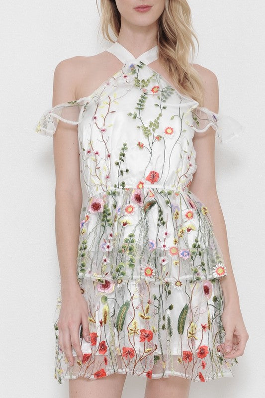 Summer Embroidery Floral White Off Shoulder Dress