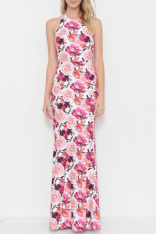 Elegant Multi-Color Floral Open Back Maxi Dress