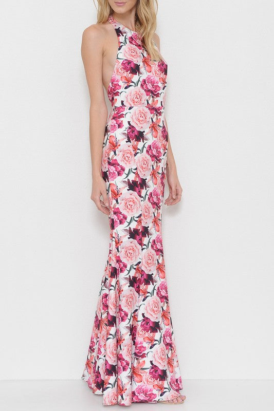 Elegant Multi-Color Floral Open Back Maxi Dress