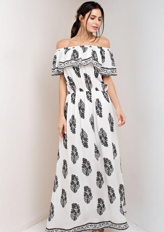 Casual Off Shoulder Ivory Maxi Dress with Black Print