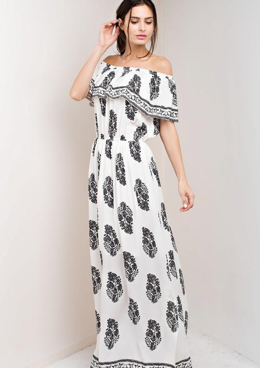 Casual Off Shoulder Ivory Maxi Dress with Black Print