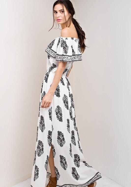 Casual Off Shoulder Ivory Maxi Dress with Black Print