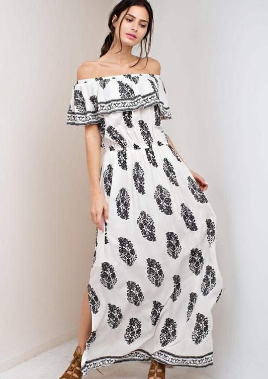 Casual Off Shoulder Ivory Maxi Dress with Black Print