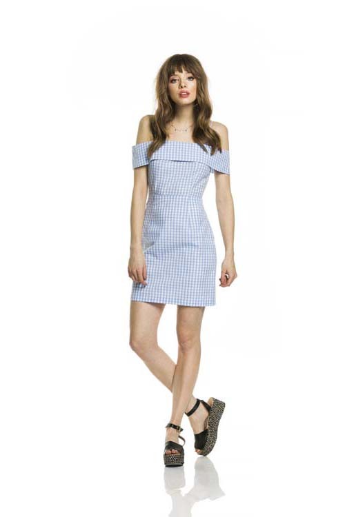 Summer Off Shoulder Blue Checkered Dress