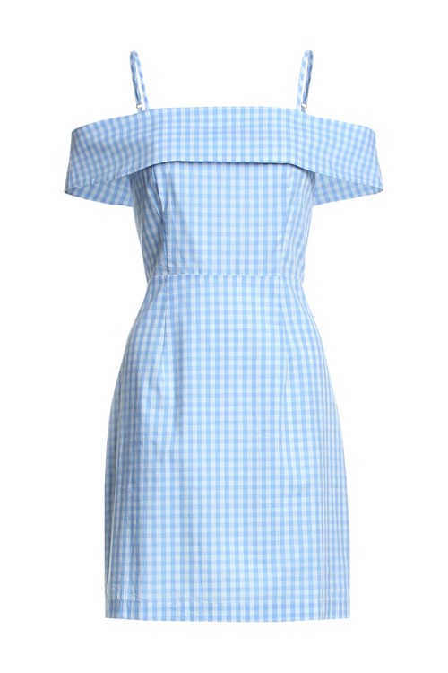Summer Off Shoulder Blue Checkered Dress