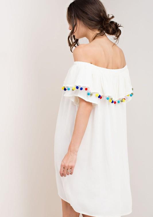 Casual Off Shoulder Ivory Dress with Pom Pom