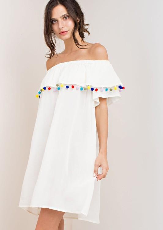 Casual Off Shoulder Ivory Dress with Pom Pom