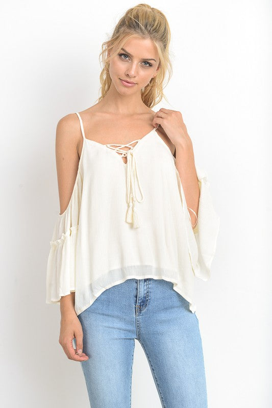 Summer Casual Tassel Cold Shoulder Cream Top