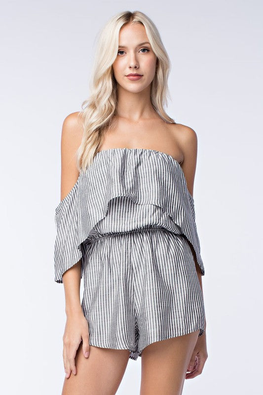Fashion Strapless Grey Striped Ruffle Layered Romper
